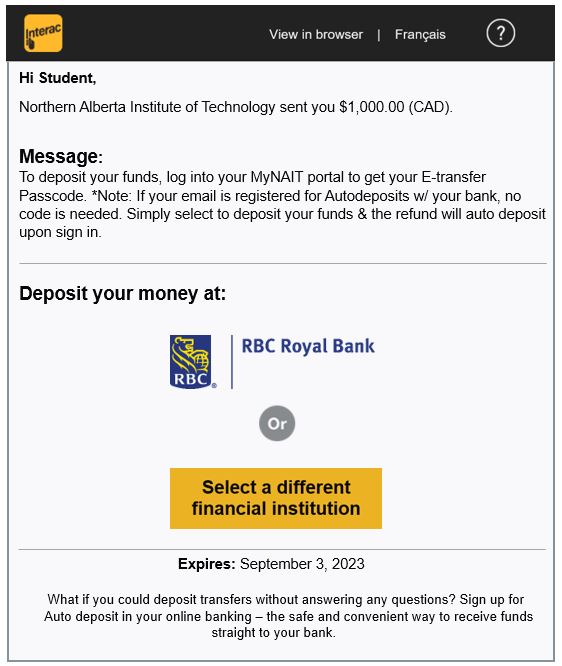 Pay My Tuition deposit email 