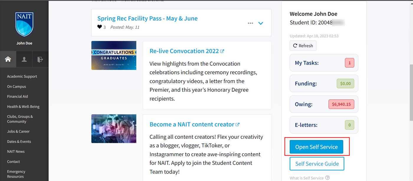 View of MyNAIT homepage with Open Self Service button highlighted