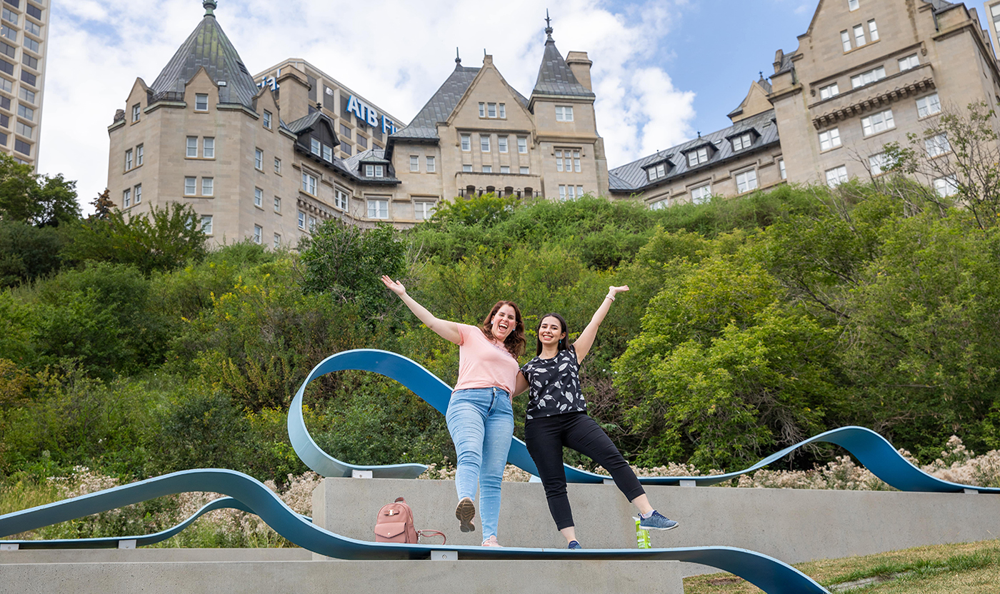 Students outside of Hotel MacDonald in Edmonton