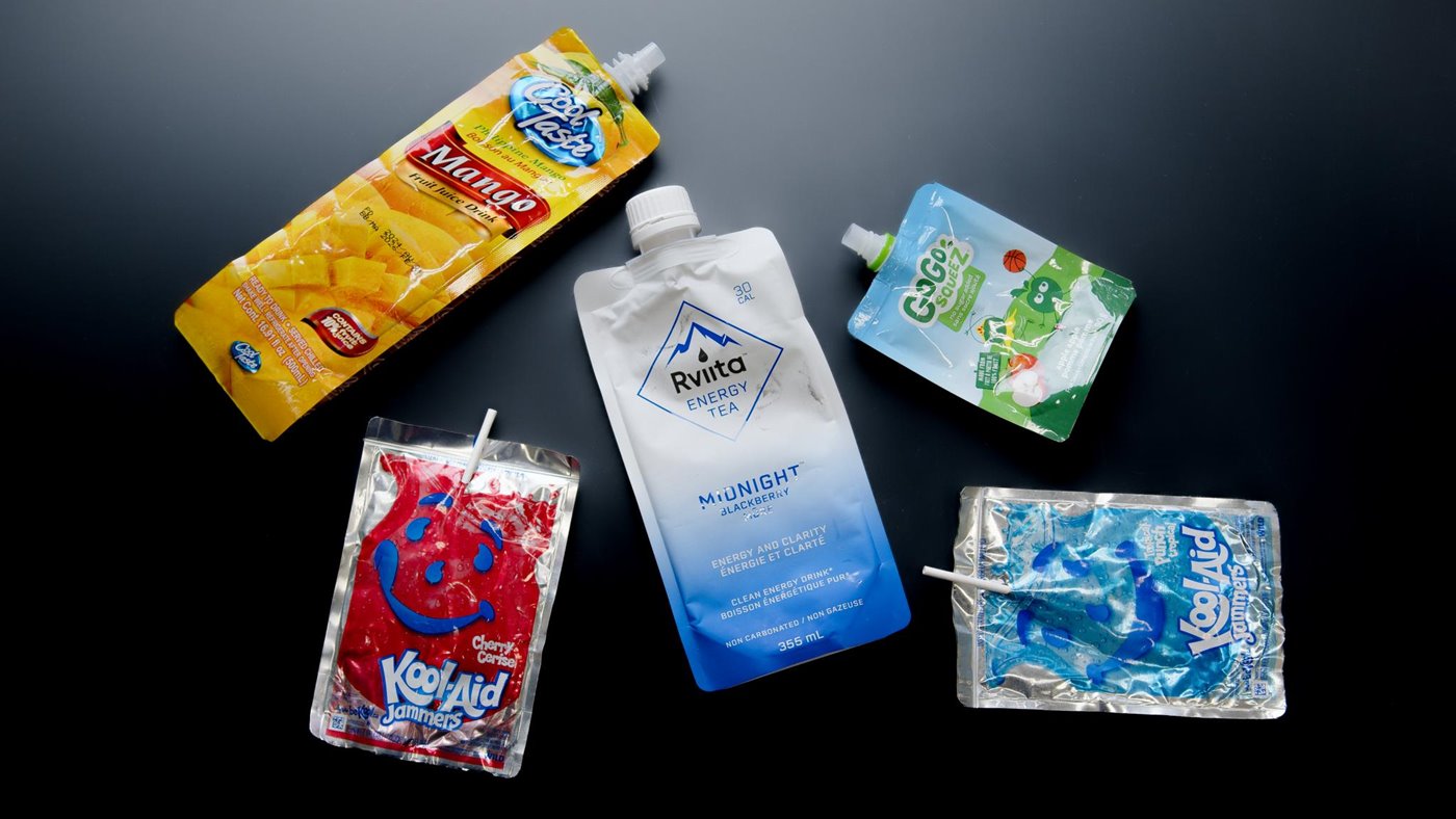 5 drink pouches of different brands which are to be recycled as part of NAIT Applied Research's new research program